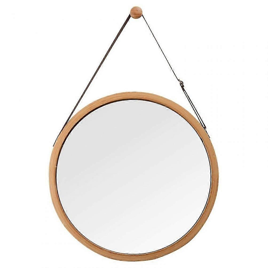 Round Wall Hanging Mirror In Bathroom Bedroom Solid Wood Frame Adjustable Leather Strap(gold)