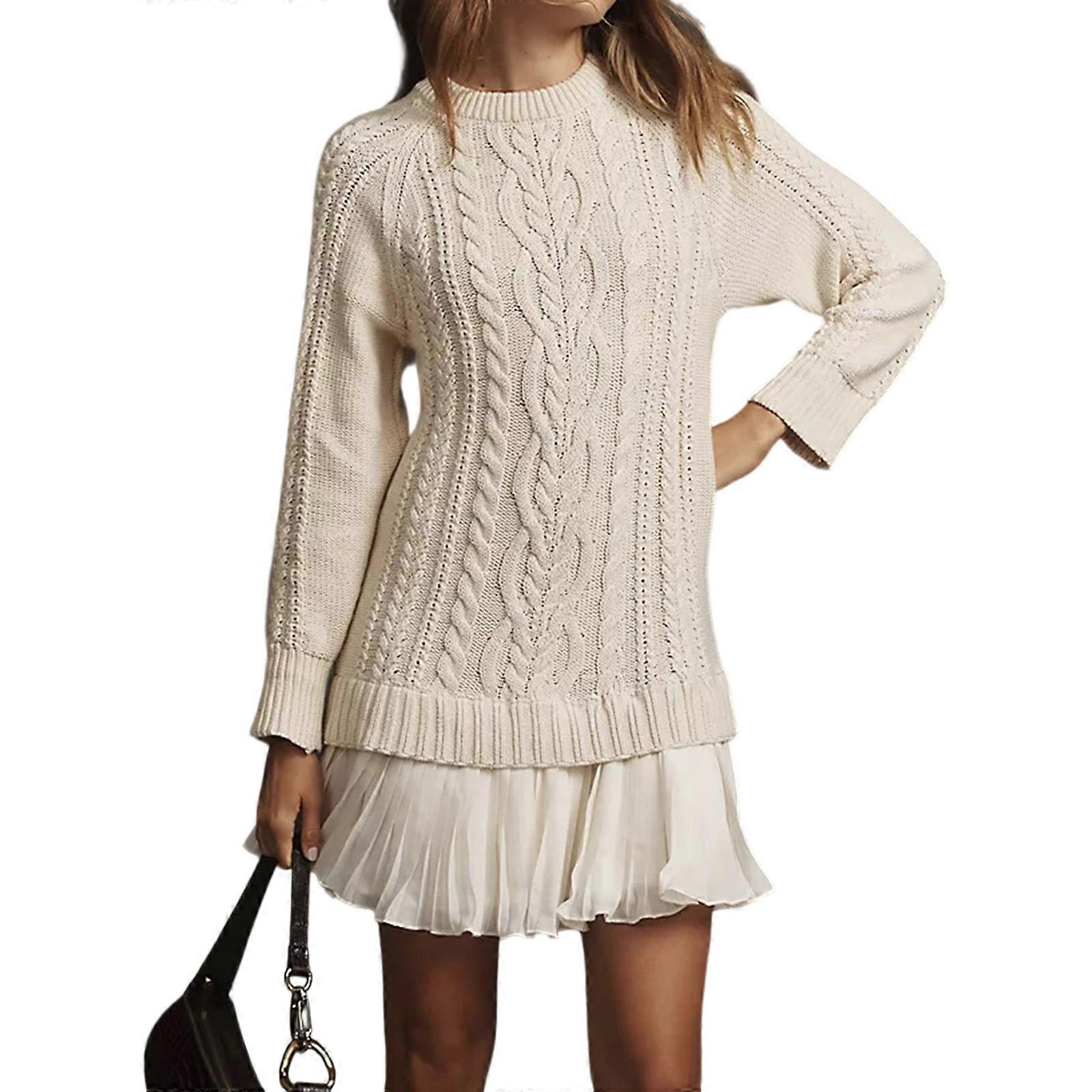 Long Sleeve Cable Knit Dress Pleated Skirt Straight Cut Winter Knitwear  Textured Chiffon Blend Women's Fall Knit Dresses OW L | Fruugo UK
