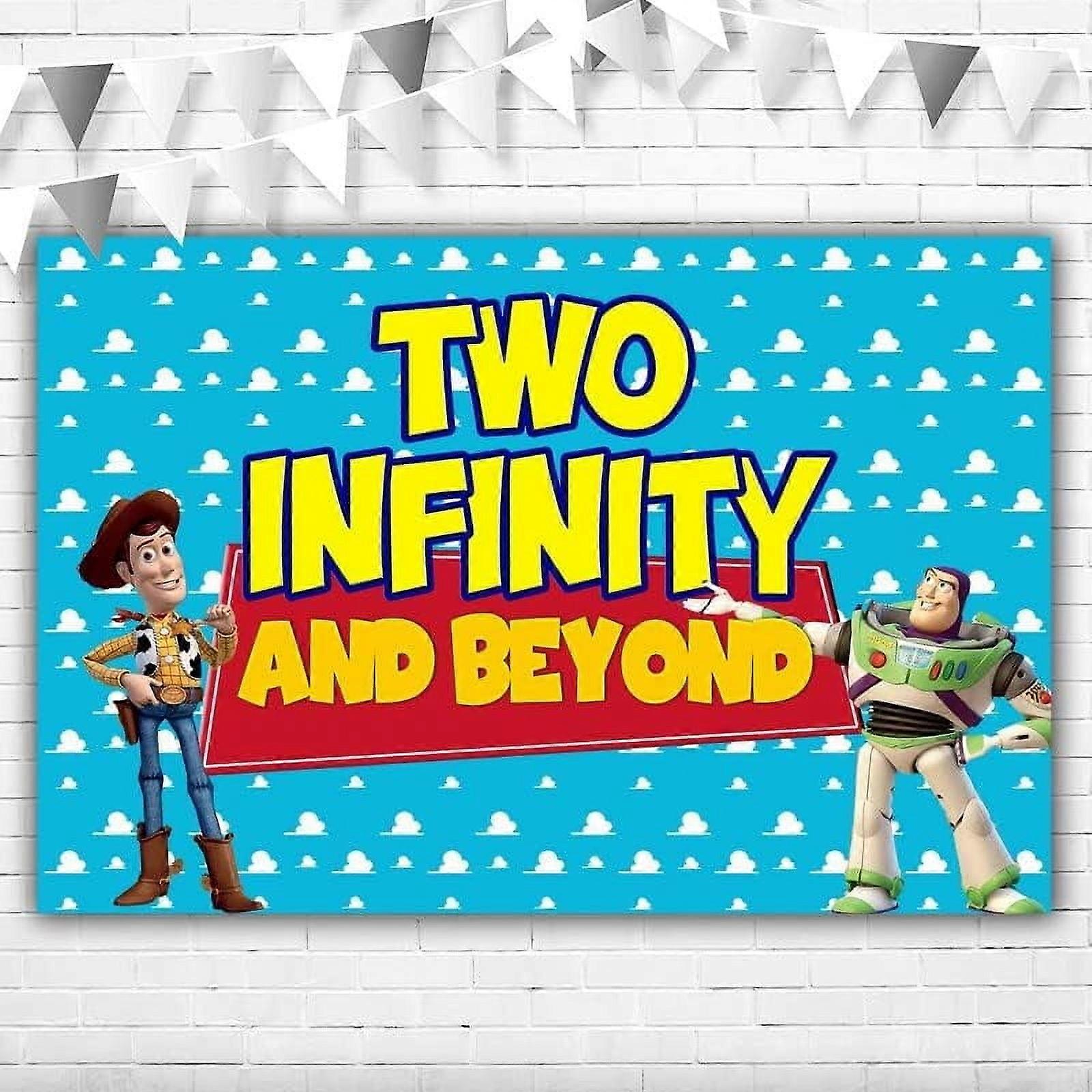 Happy Birthday Banner 5x3ft Two Infinity & Beyond, Toy Story Clouds Vinyl Backdrop for Boy's 2nd Birthday Party, compatible with Woody Decor