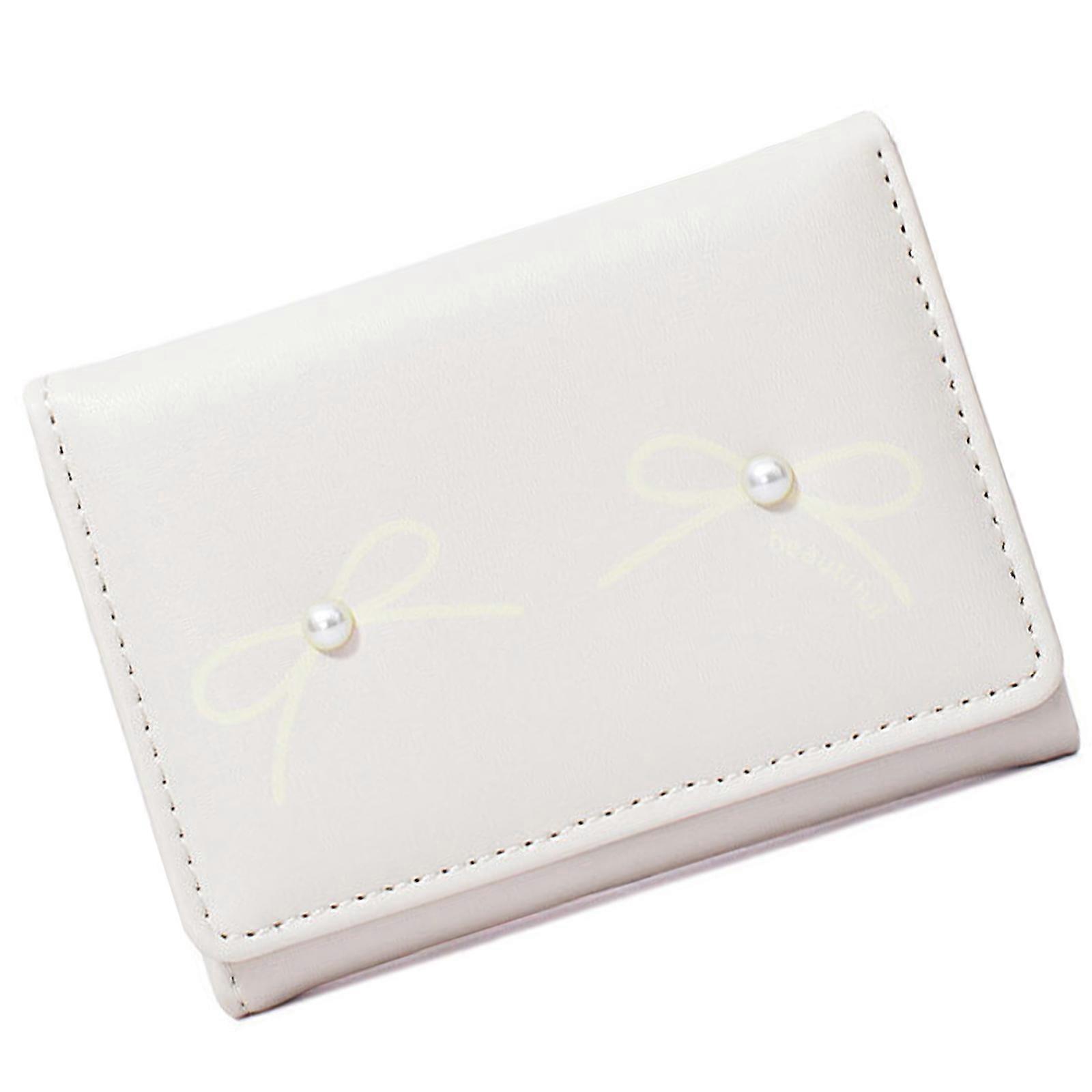حامل بطاقات نسائي أنيق ومحفظة عملات معدنية مع تفاصيل أقواس محافظ ثنائية الطي من جلد البولي يوريثان للتسوق والسفر أبيض