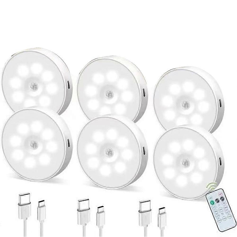LED Remote Control Three-Color Cabinet Light, Motion Sensor Rechargeable Light, Under Counter Light (6-Pack)