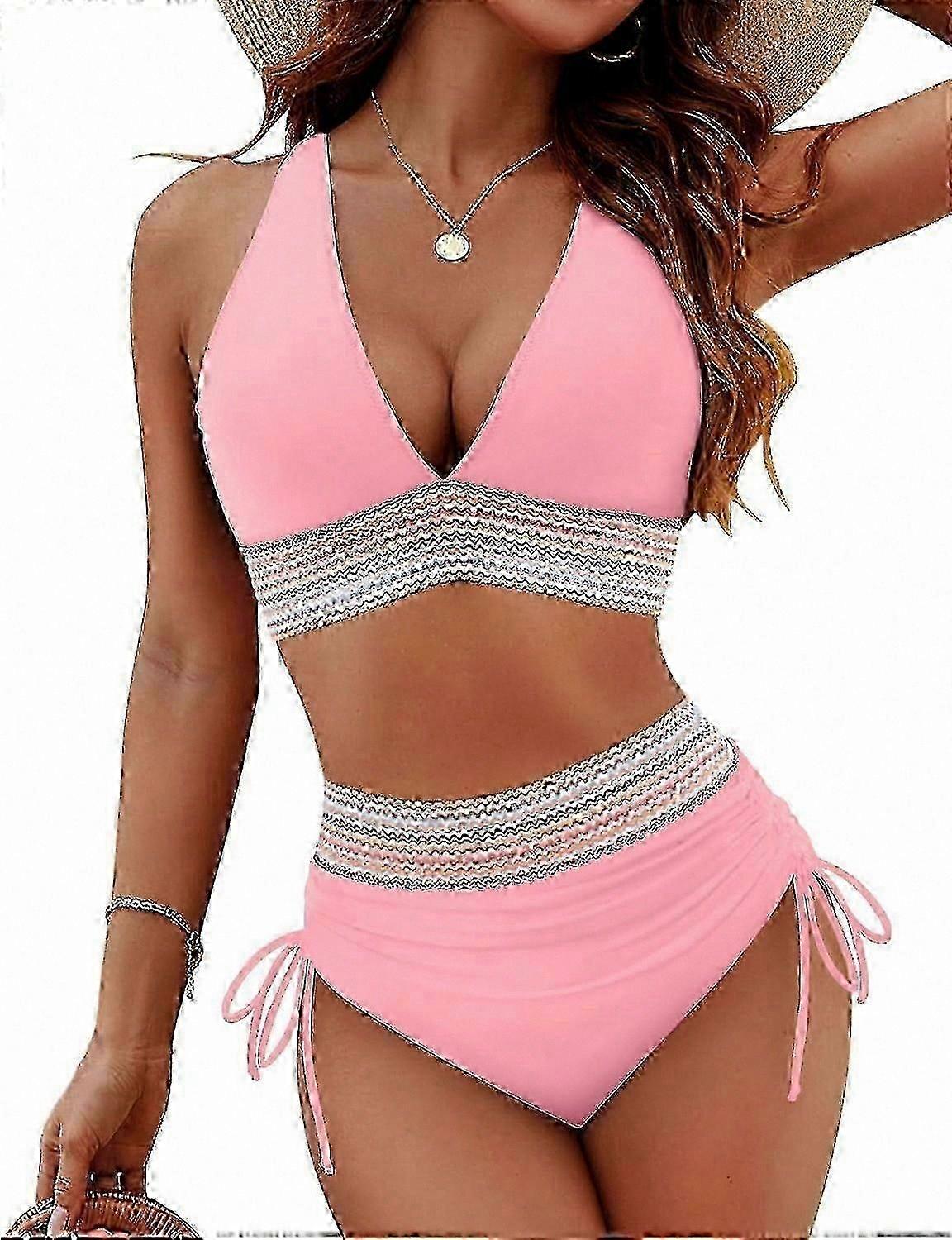 High Waisted Bikini Set for Women, Tummy Control Swimsuit with Color Block Design, Two Piece Drawstring Bathing Suit