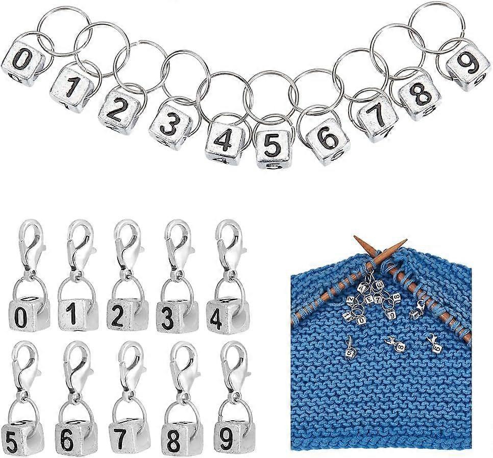 Knitting Row Counter Chains 10 Pcs Acrylic Number 0~9 Cube Acrylic Stitch Markers Locking Stitch Markers for Knitting Crochet Tracking Project Silver