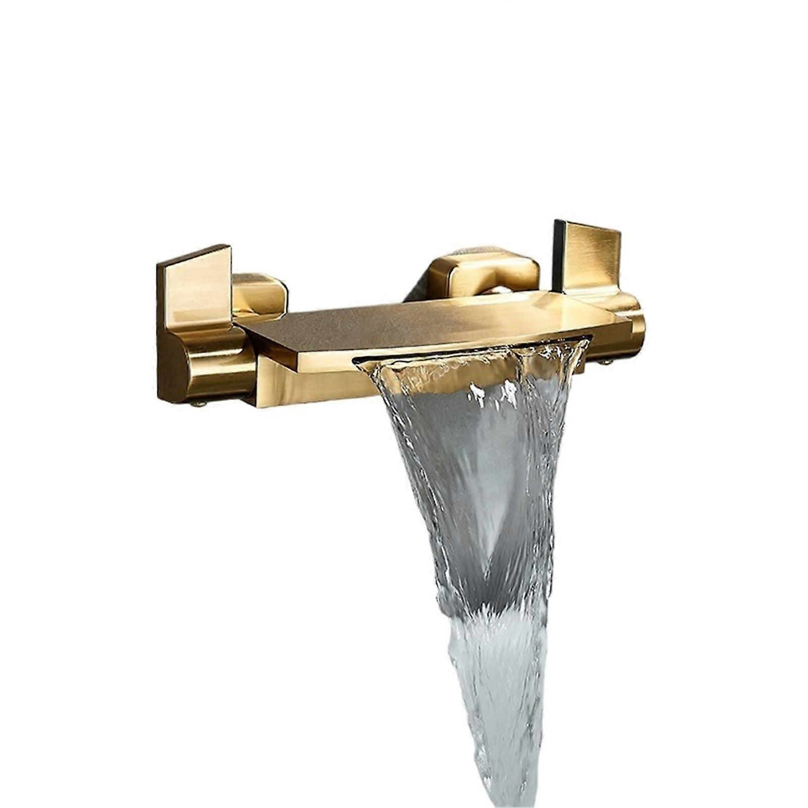 Brushed Gold Wall Mounted Bathtub and Shower Faucet Set with Waterfall Flow Design