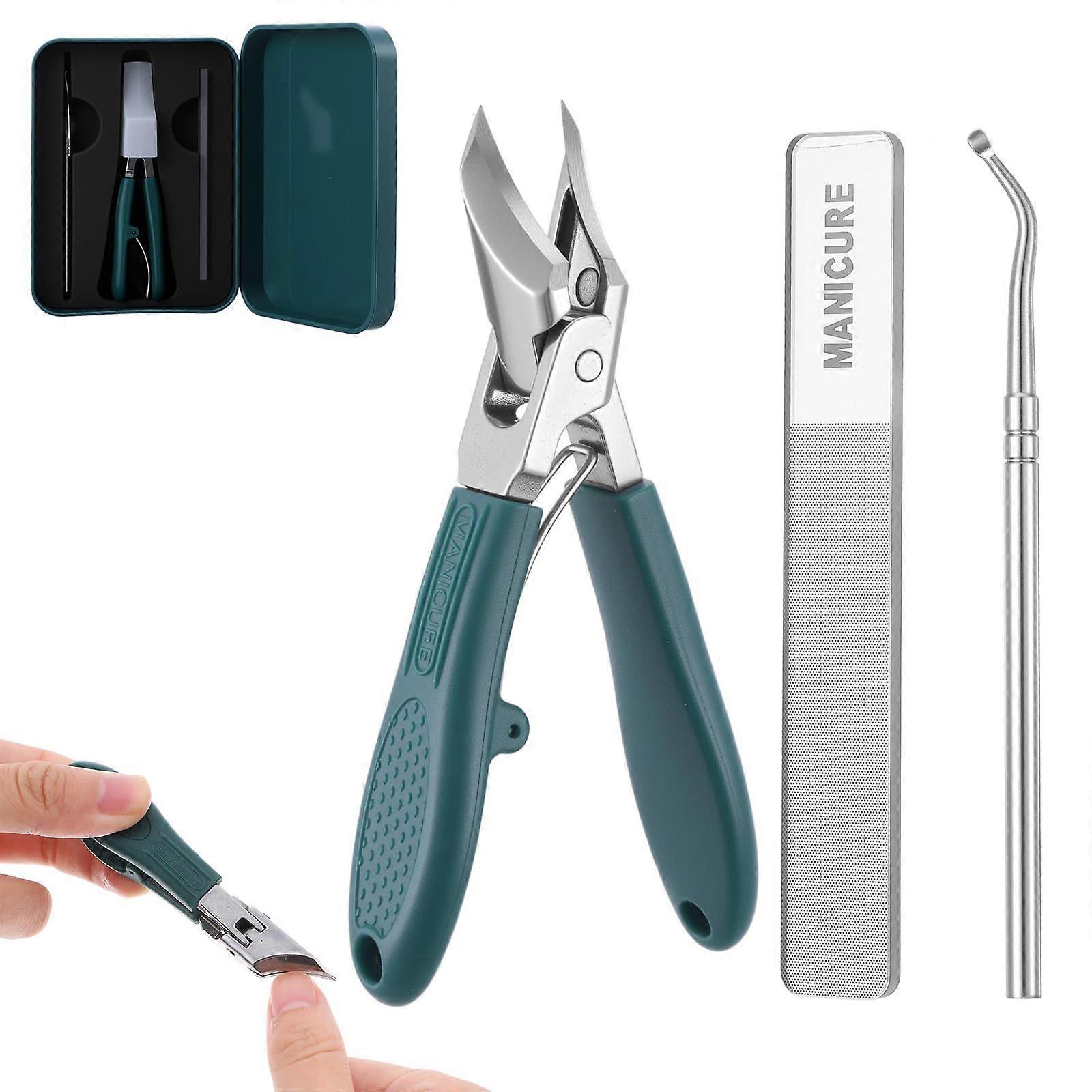 Nail Clippers Set with Wide Jaw Opening, AntiSplash Design, Long Handle for Thick Toenails Green