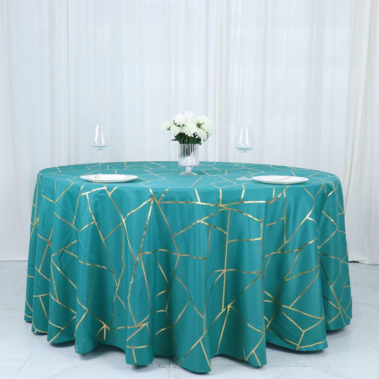 Efavormart 120" Peacock Teal Round Polyester Tablecloth With Gold Foil Geometric Pattern