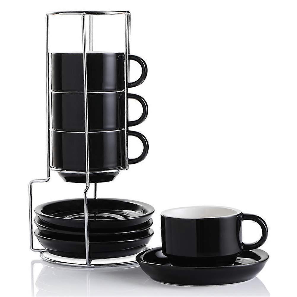 Espresso Cups with Saucers 4oz Stackable Ceramic Cappuccino Set with Metal Stand Black 4pcs