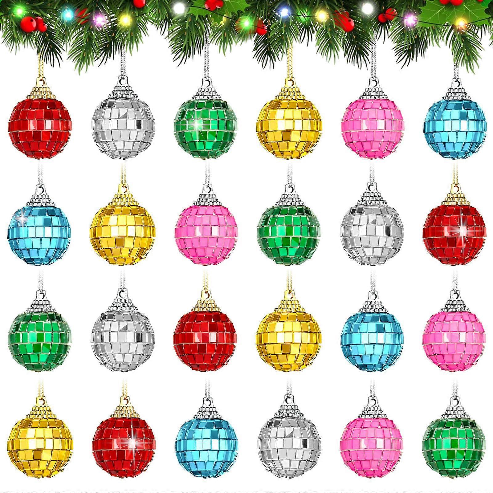 24Pcs Mini Disco Balls Christmas Tree Ornaments with Rainbow Color Finish and Easy Hanging Loop