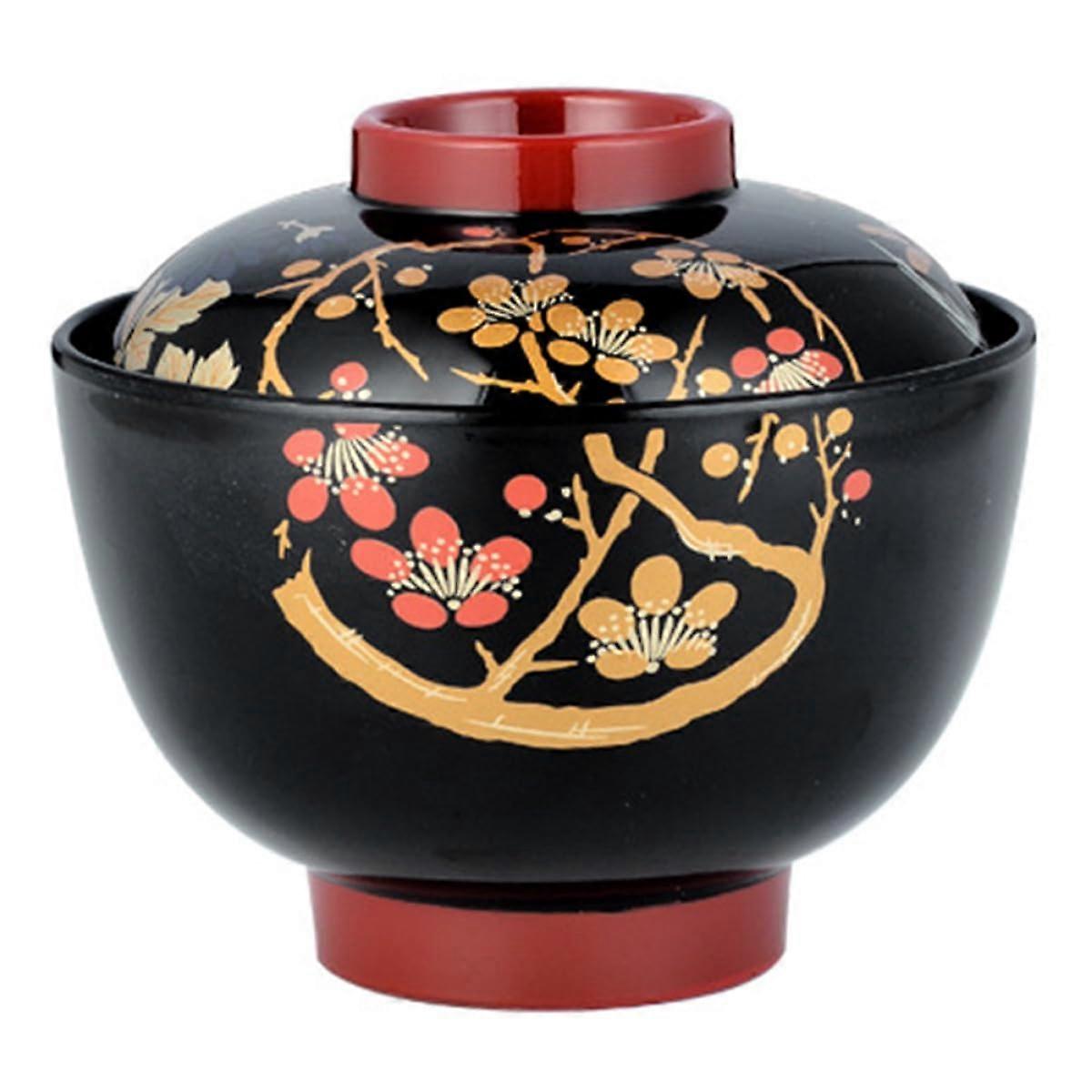 Japanese Soup Bowls with Lids HeatRetaining Melamine Dark Red Flower Design for Miso and Ramen