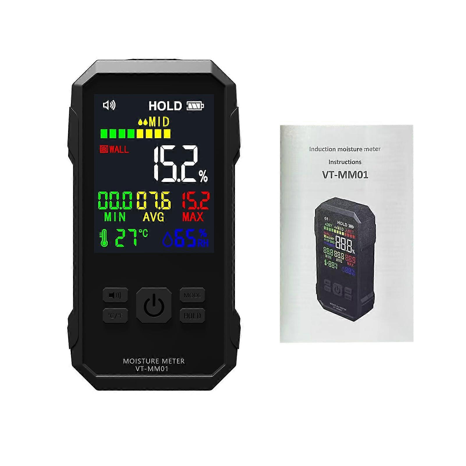 Moisture Meter for Wood and Drywall with Precise Detection, LCD Display, Noninvasive Testing, Black