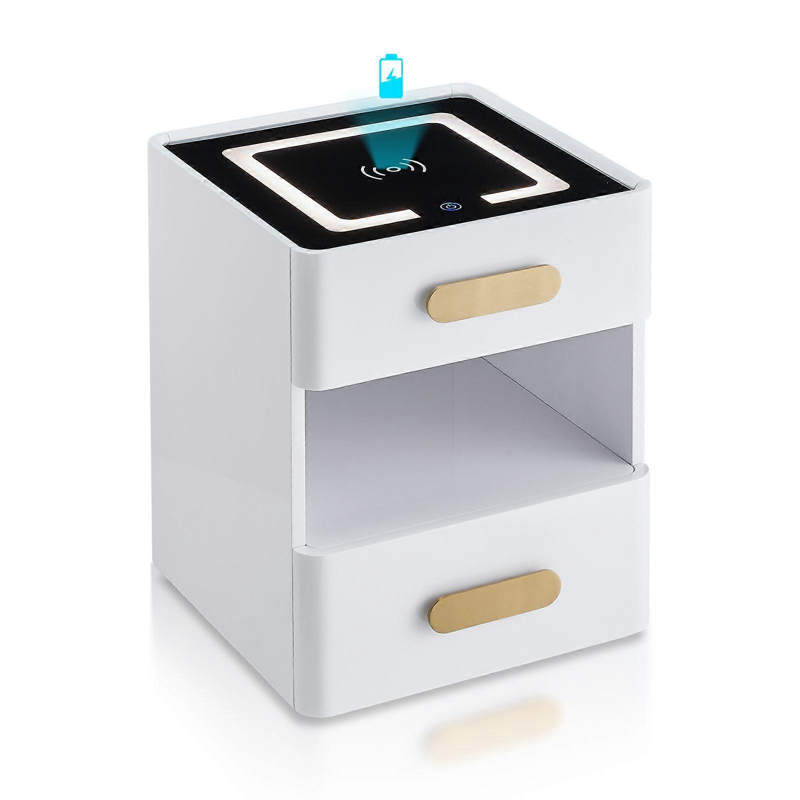 Bedside Table, Nightstand 2 Drawers Cabinet, Smart Bedside Table with Wireless Charging