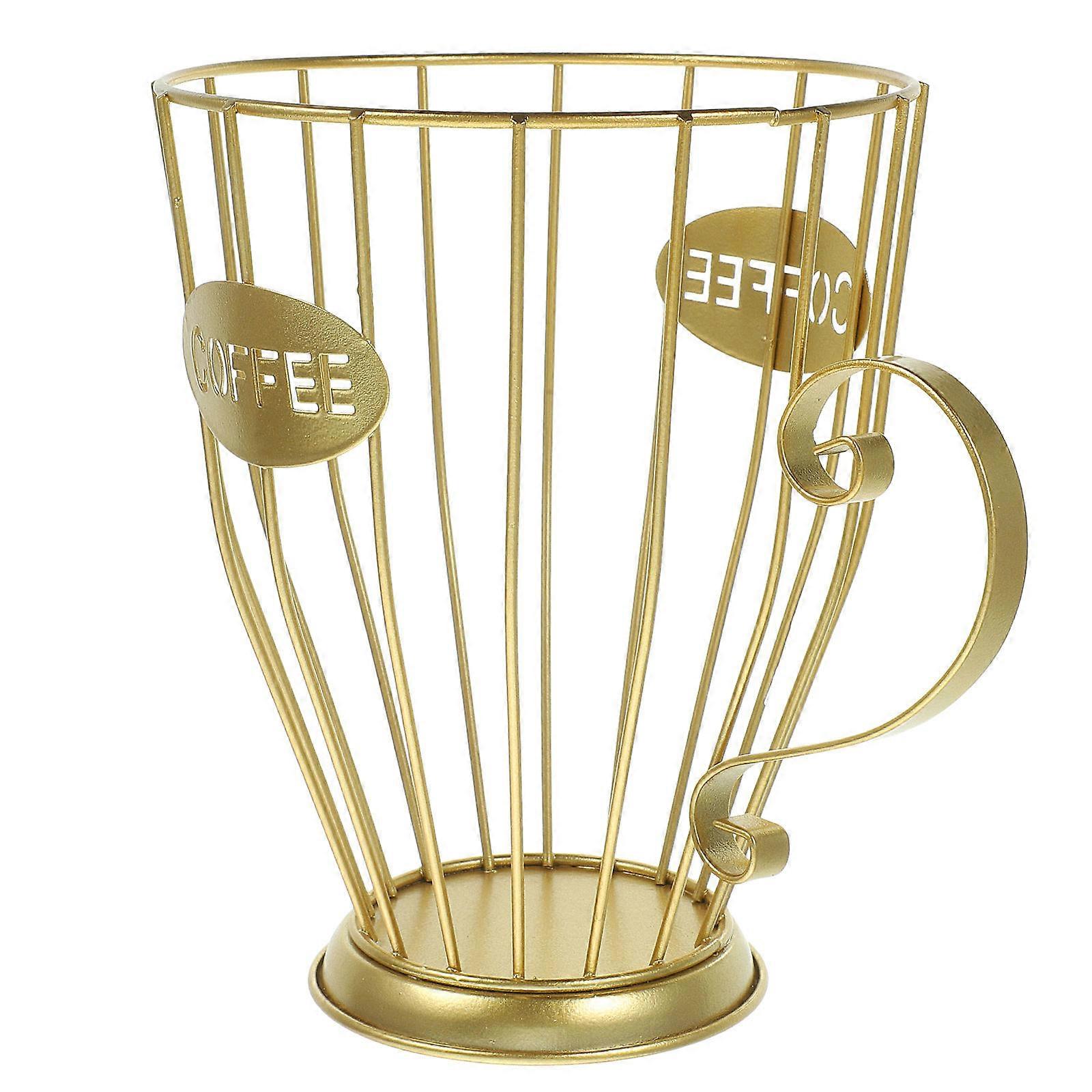 Golden Iron Coffee Holder Basket for Storage Use in Kitchen or Break Room Counter 7.5 x 4.5 Inches