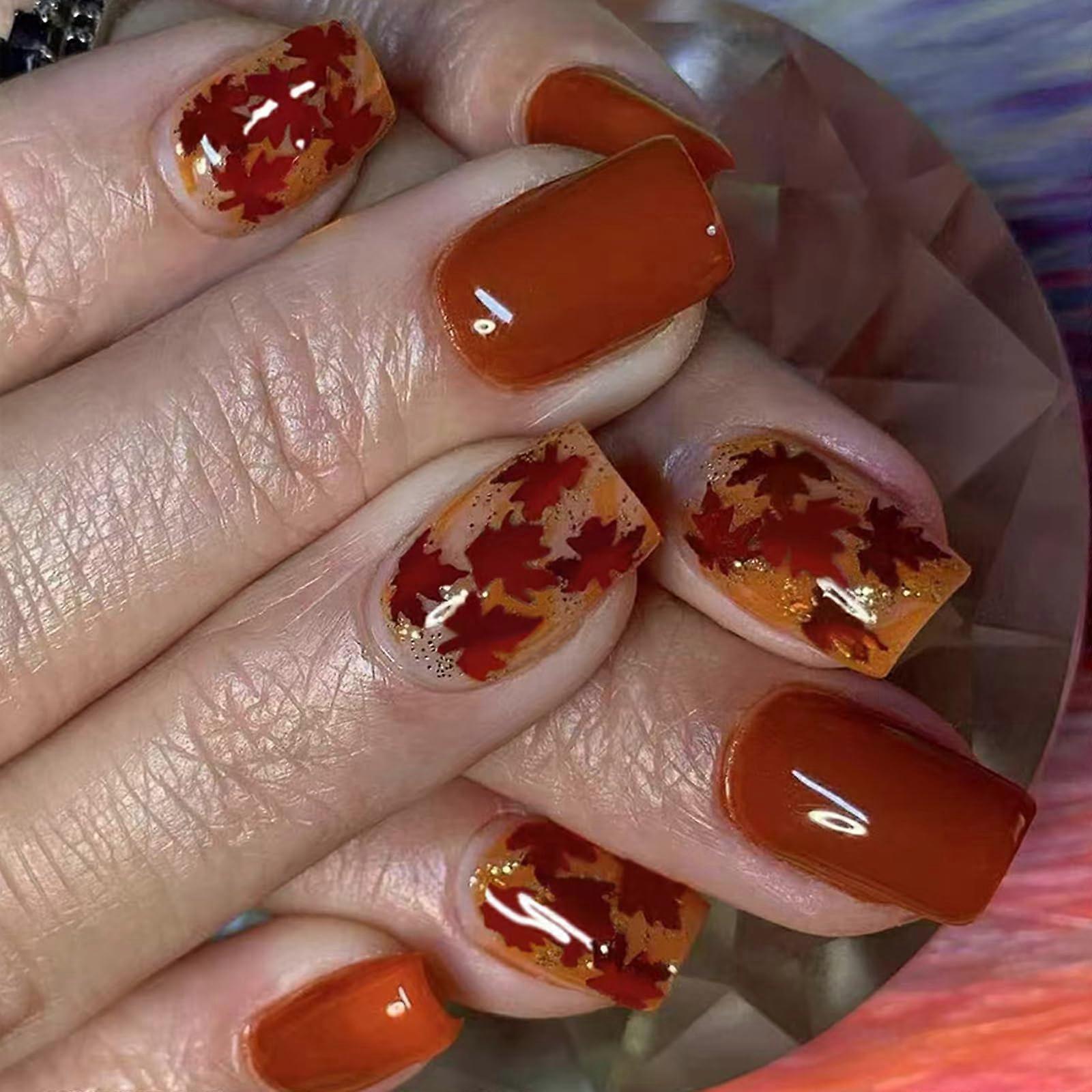 24Pcs Short Square Glitter Press On Nails with Leaf Design, Autumn Theme Artificial Nail Tips