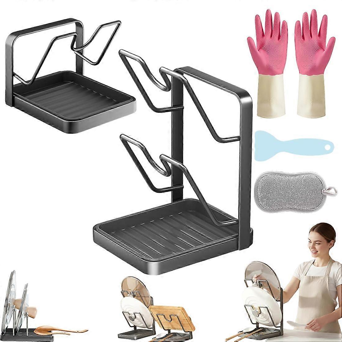 Pot Lid Holder and Spoon Rest 2 in 1 with Removable Drip Tray, Double Layer Gray Kitchen Organizer