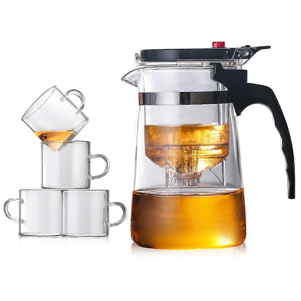 Glass Teapot with Infuser, HeatResistant Borosilicate Glass, OneButton Filter, 700ml + 4 Cups