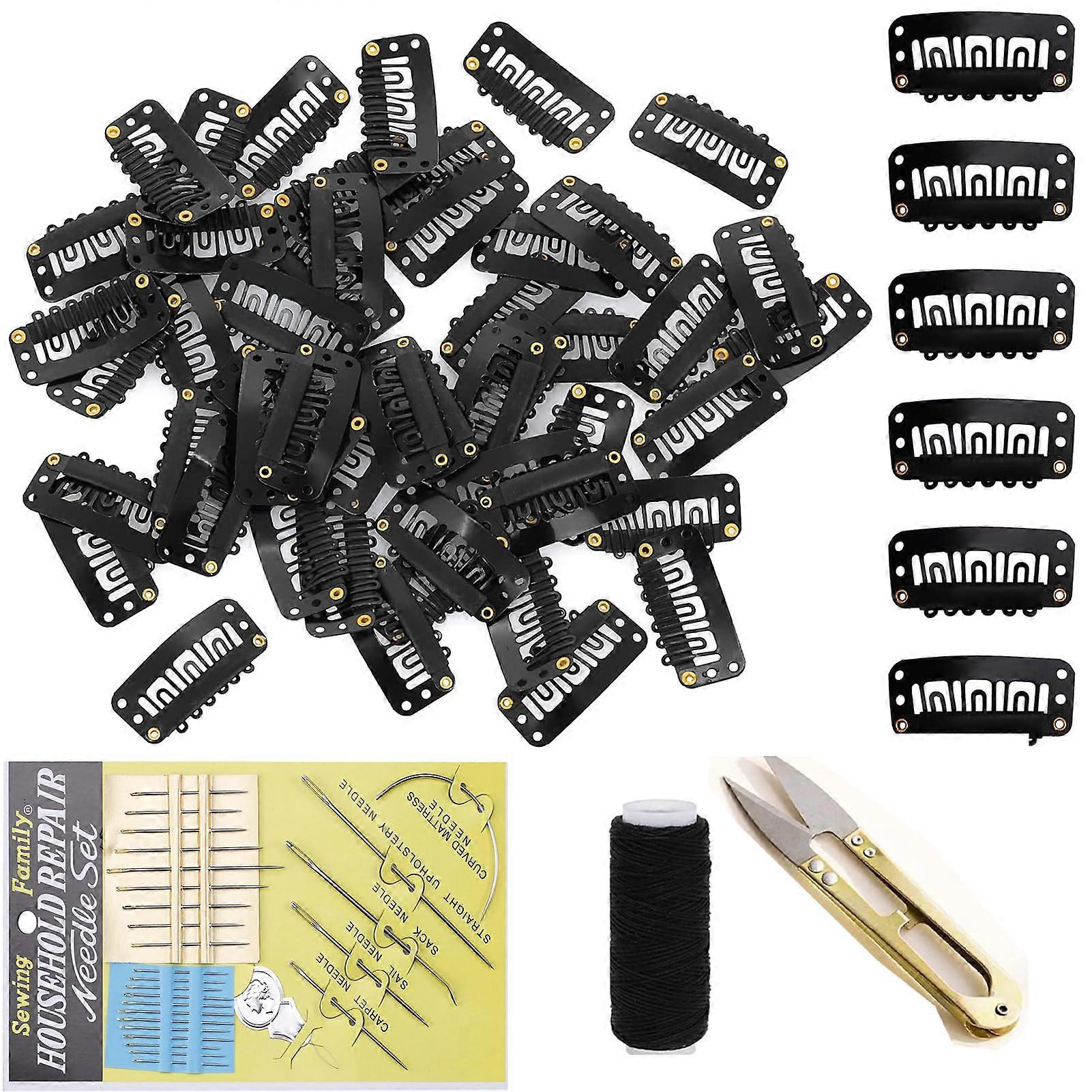 Black Wig Clips for Hair Extensions 32mm UShape Snap Comb Secure Grip Needles Thread Scissors Set