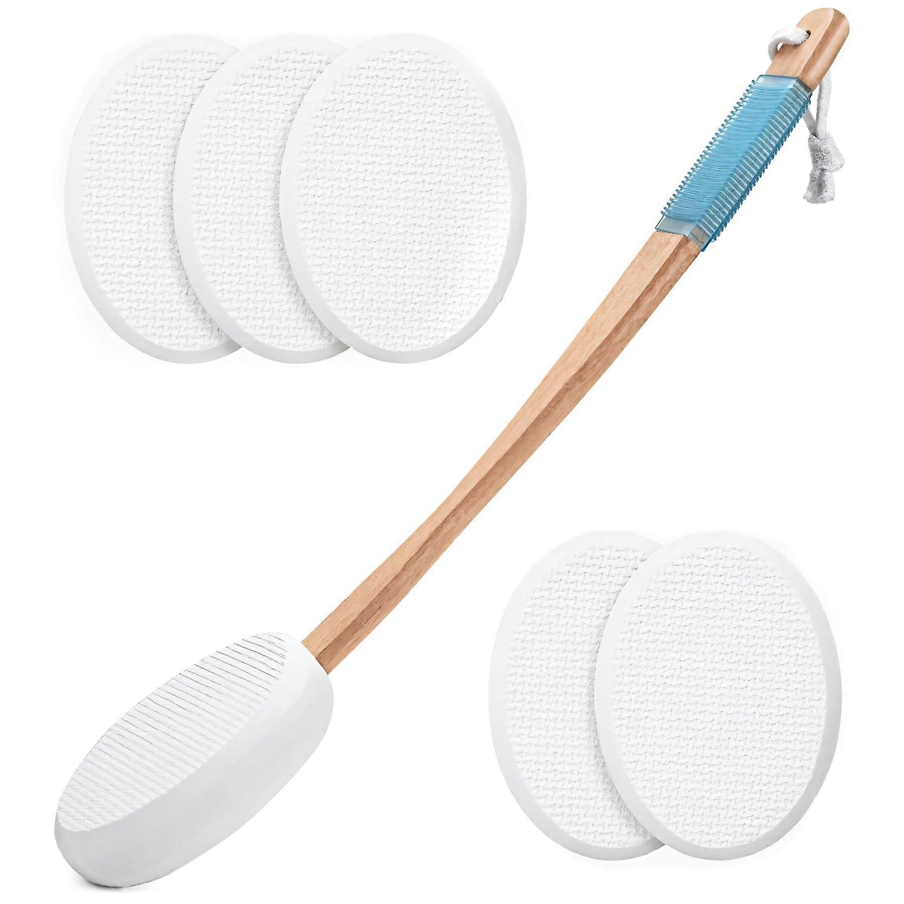 Back Lotion Applicator Set with Long Wooden Handle and 6 Replaceable Sponge Pads for Elderly