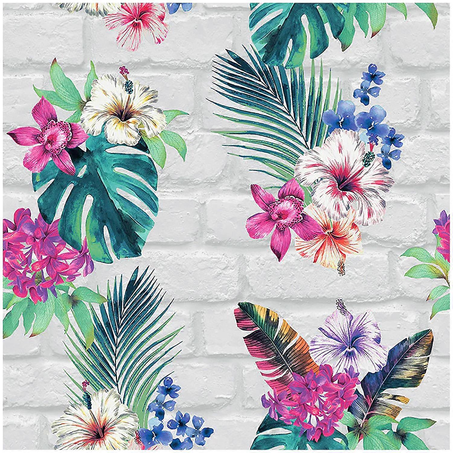Tropical White Brick Effect Wallpaper
