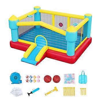 Opblaasbaar springkasteel, 4,5 x 4,2 x 2,1 meter, met glijbaan en basketbalring, geschikt voor 3-4 kinderen (3-8 jaar).