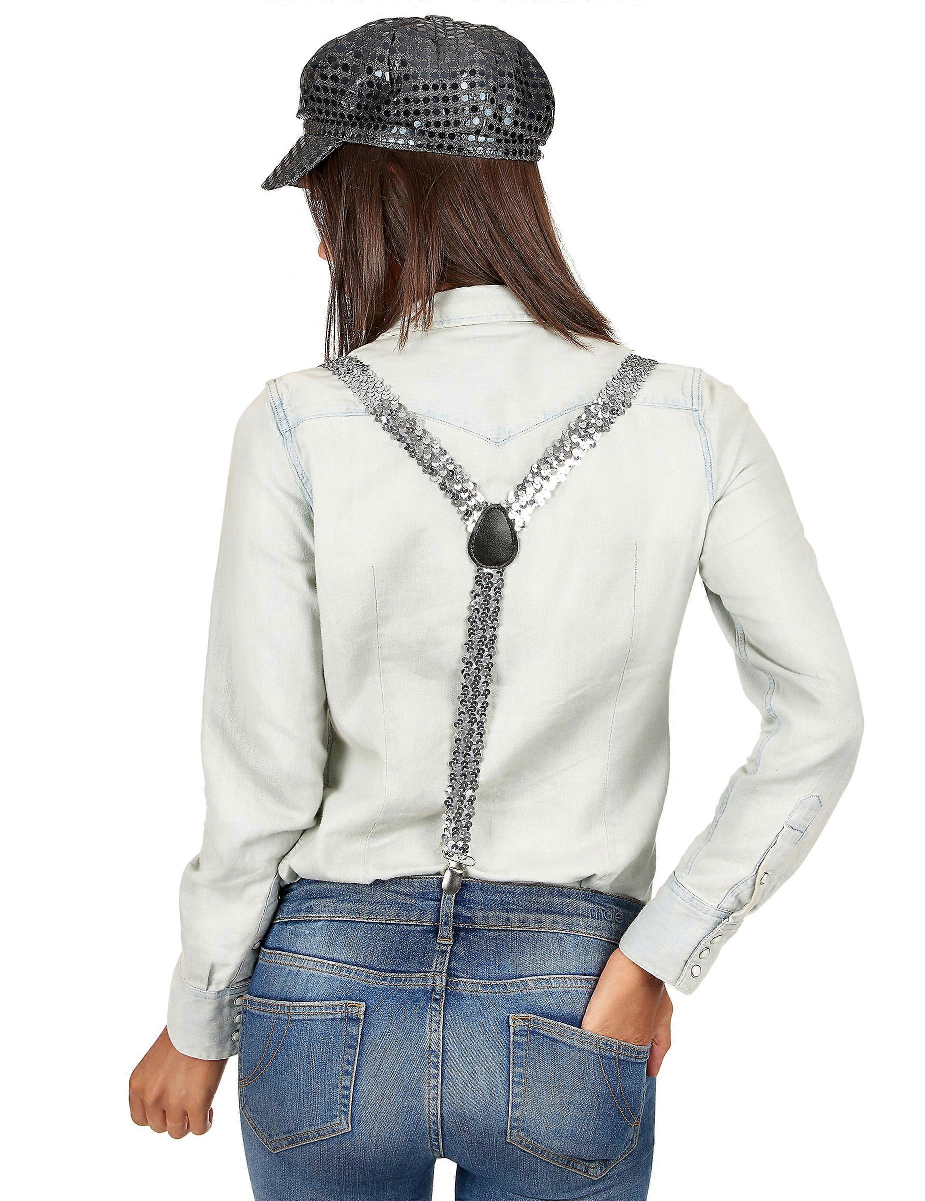 Adult silver sequin suspenders