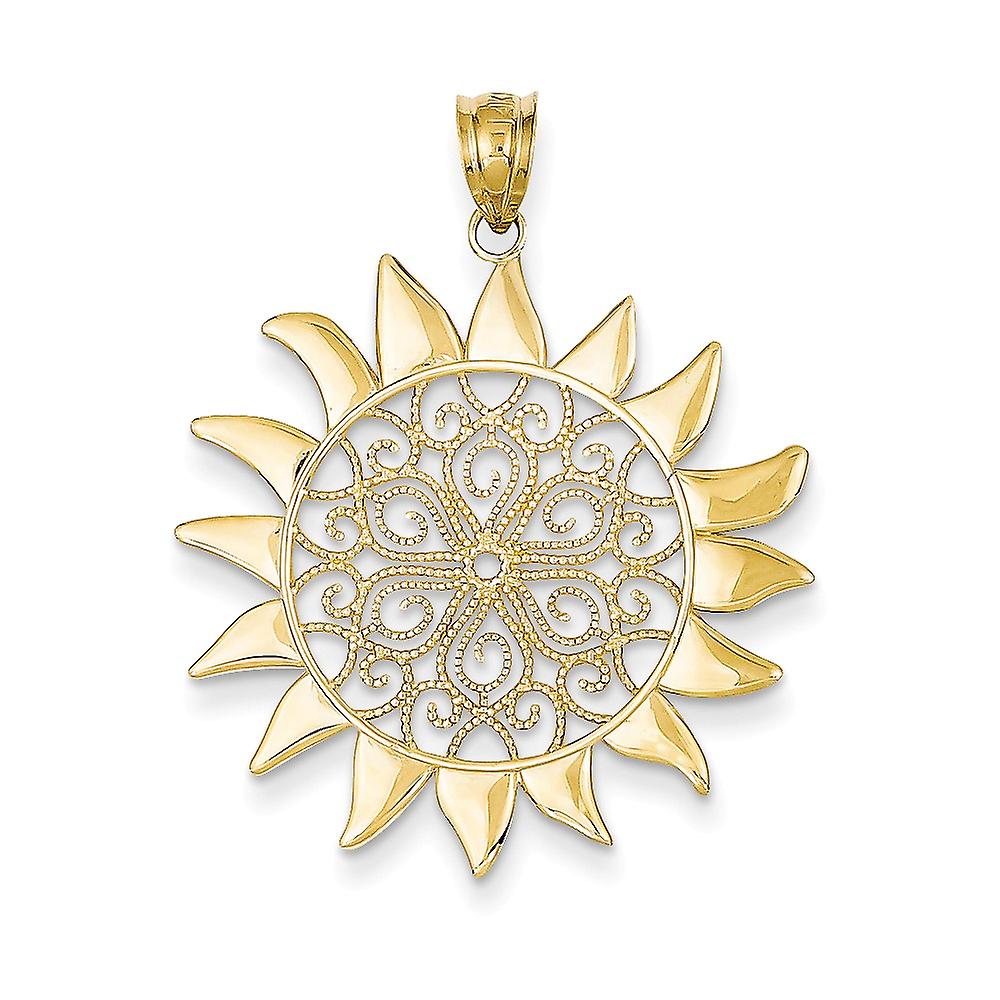 14Kイエローゴールドポリッシュフィリグリーサンペンダントネックレス女性用30x28mmワイドペンダント - 2.1グラム