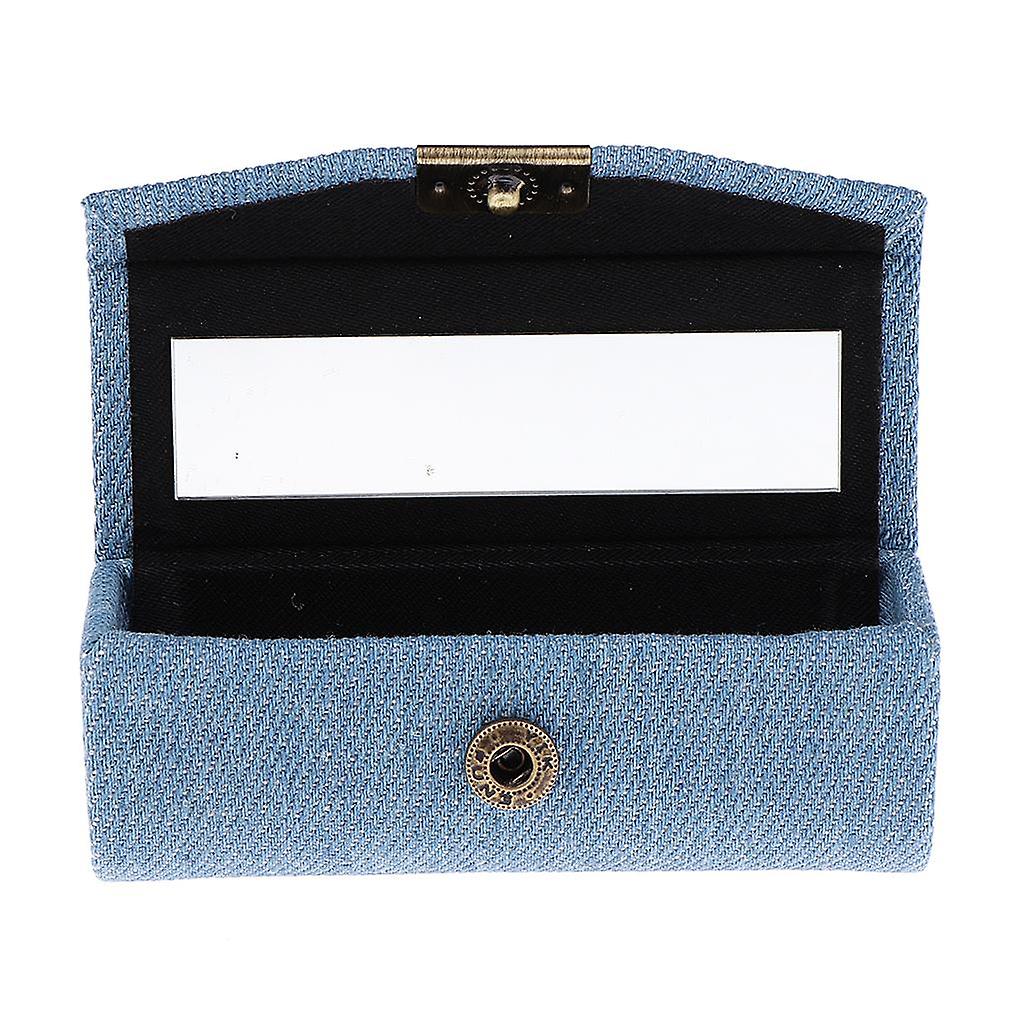 Denim Lip Gloss Holder Lipstick Storage Case Container with Mirror for Purse Light Blue