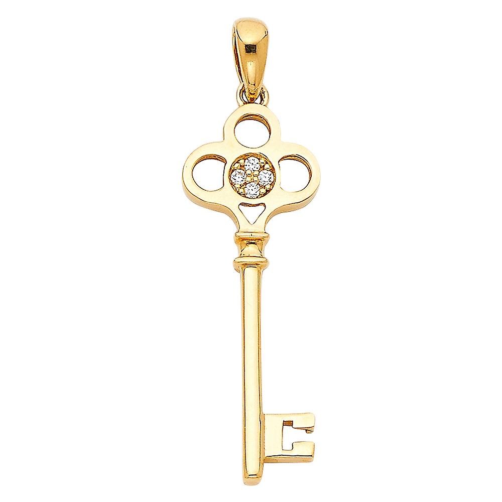 14k Yellow Gold Cubic Zirconia Key Pendant Necklace 10x35mm-Pendant for Women - 1.3 Grams
