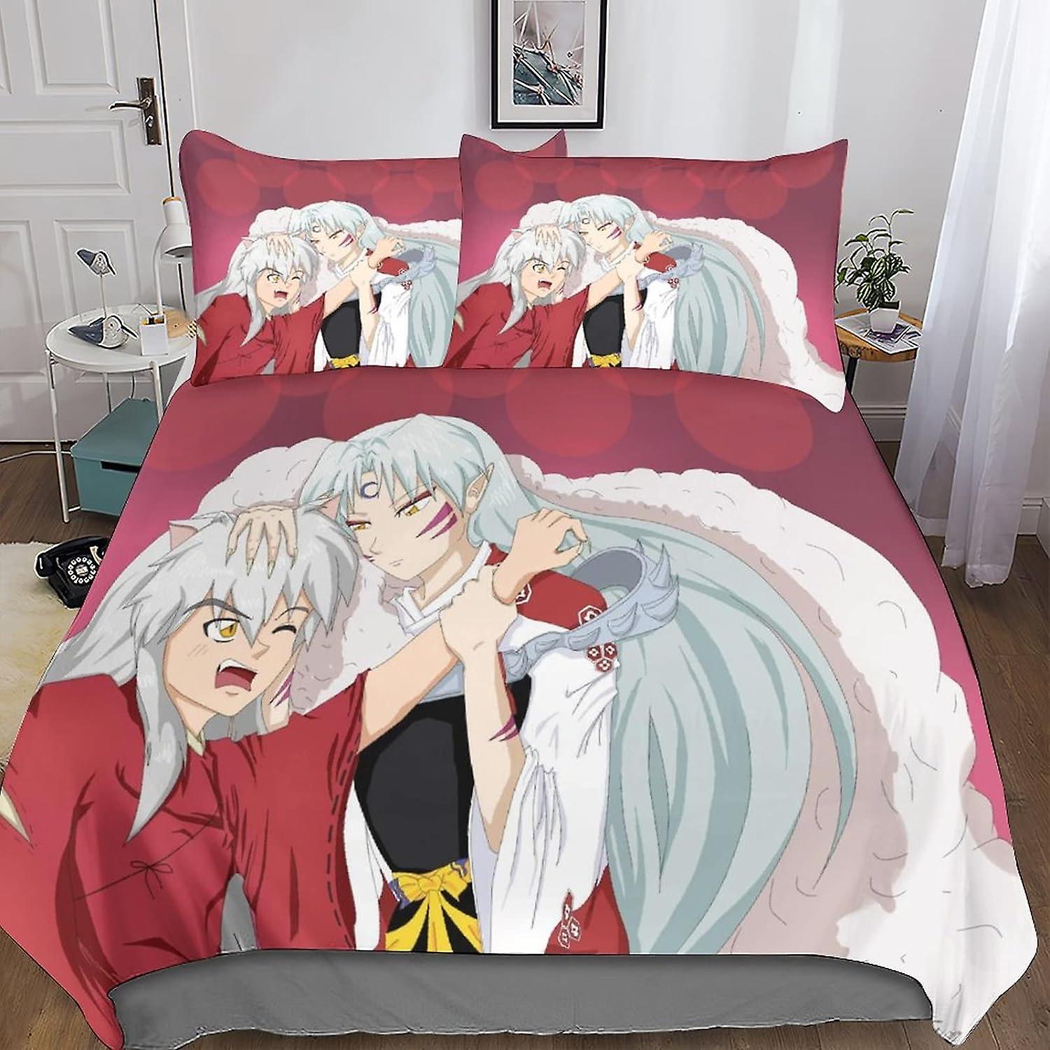 MYPALL Inuyasha 3D-tryck påslakan Sängkläder Quilt Sängöverdrag med dragkedja 3-delat set Mjuk lättskött för unga och barn vuxna