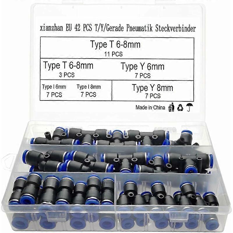 42 PCS Pneumatic Fitting T/ Y/ I Straight Type Compressed Air Quick Fitting 6mm/8mm Compressor Fitting, with Box
