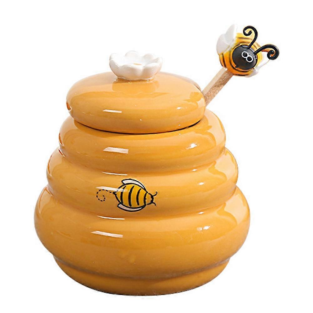 Ceramic Beehive Honey Pot and Wooden Dipper Honey Jar with Lid Honey Stir Bar for Honey Jar Supplie