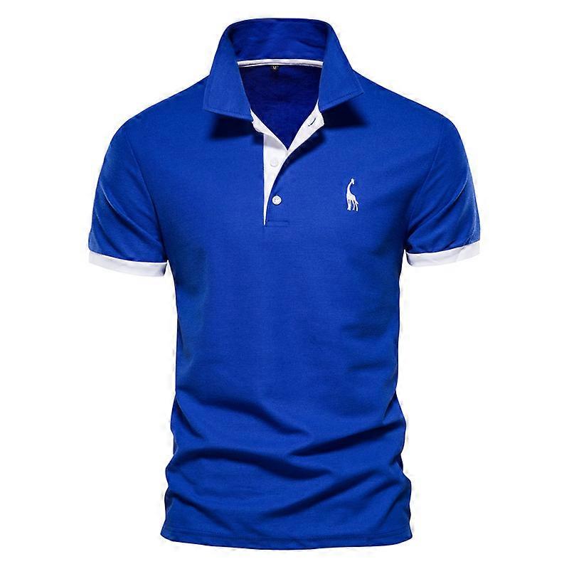 Mens Short Sleeve Classic Polo Shirts Slim-fit Deer Embroidery Basic Shirts Business Work Shirts - Sapphire