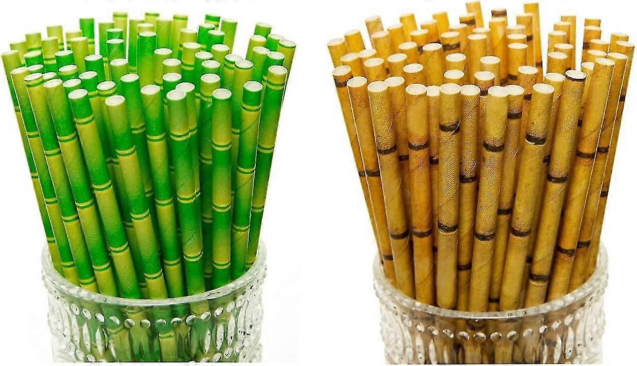 100 Pc 2 Colors Biodegradable Bamboo Print Paper Drinking Straws