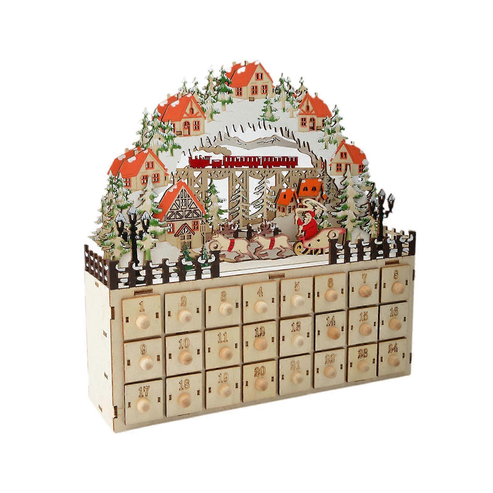 Christmas Wooden Advent Calendar Light up with 24 Drawers Xmas Desktop Decor