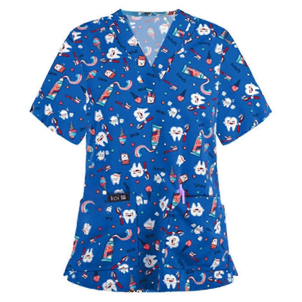 Crăciun Femei Uniformă de asistență medicală Scrub Tricou cu mânecă scurtă Crăciun Bluză Tee Tops (Tooth Print Blue)