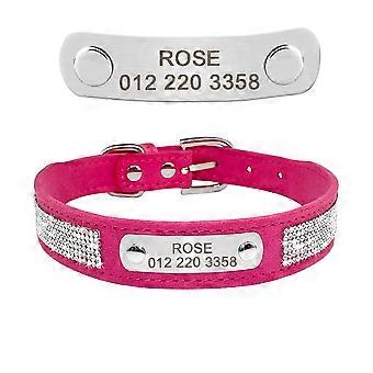 Bling Rhinestone Leather Personalized Dog Collar with Engraved Name ID Tag XS-L