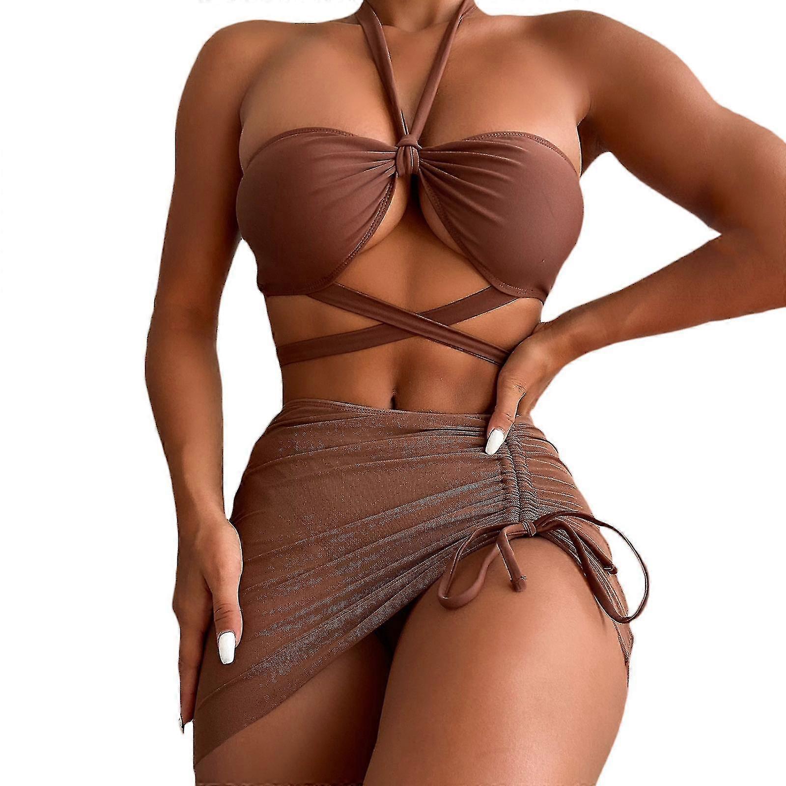 Summer Women Solid Color Swimsuit Three Piece Split Swimsuit Bikini