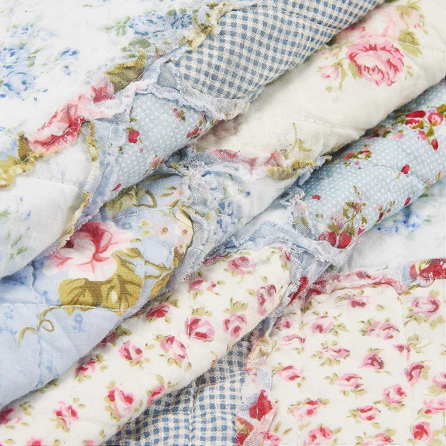 Blått överkast 150x200cm, mjukt och bekvämt överkast i 100% bomull, blått mönstrat lapptäcke, äkta lapptäcke, lämpligt för