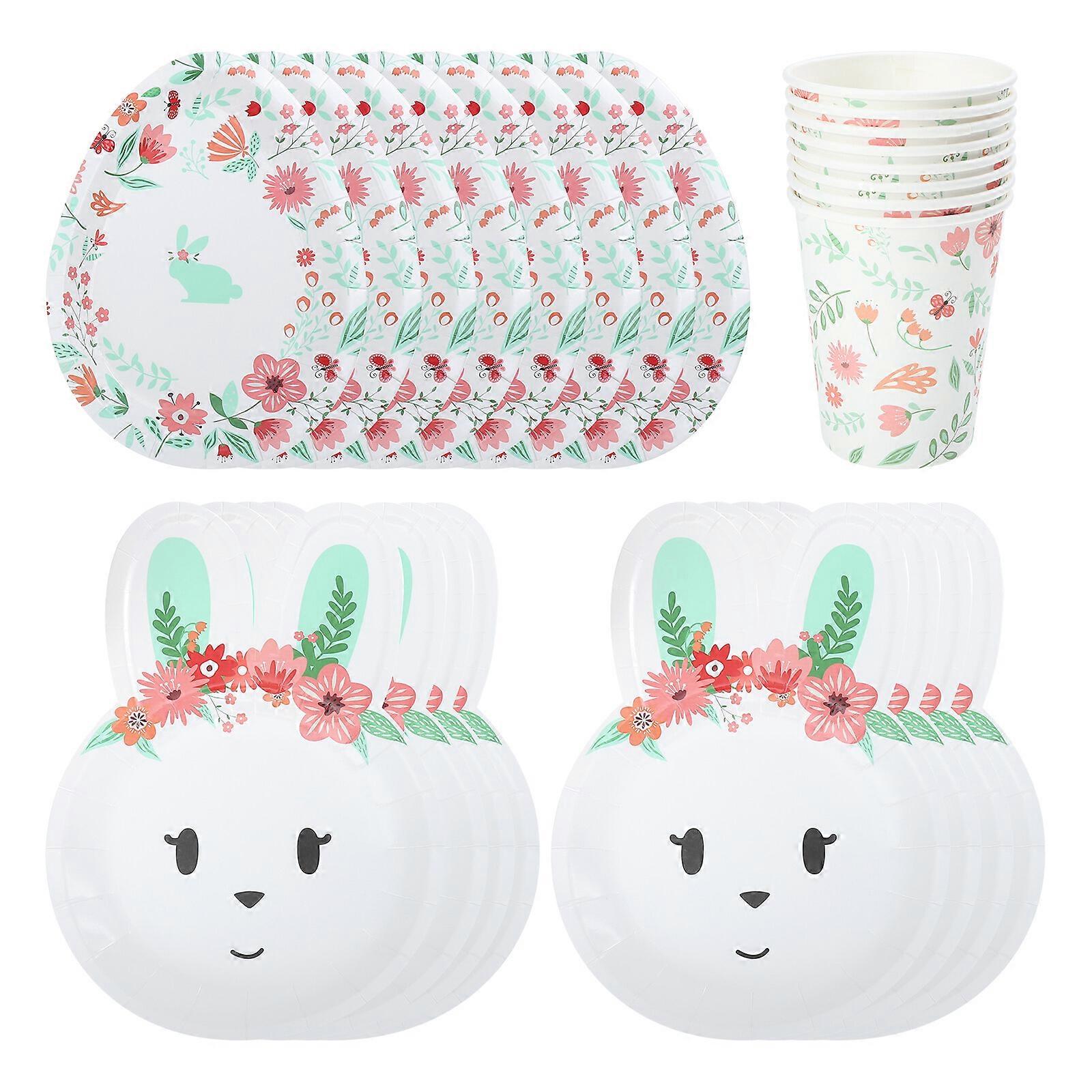 1 Set Cardboard Rabbit Plates Egg Plates Cups Fork Spoon Easter Party Supply