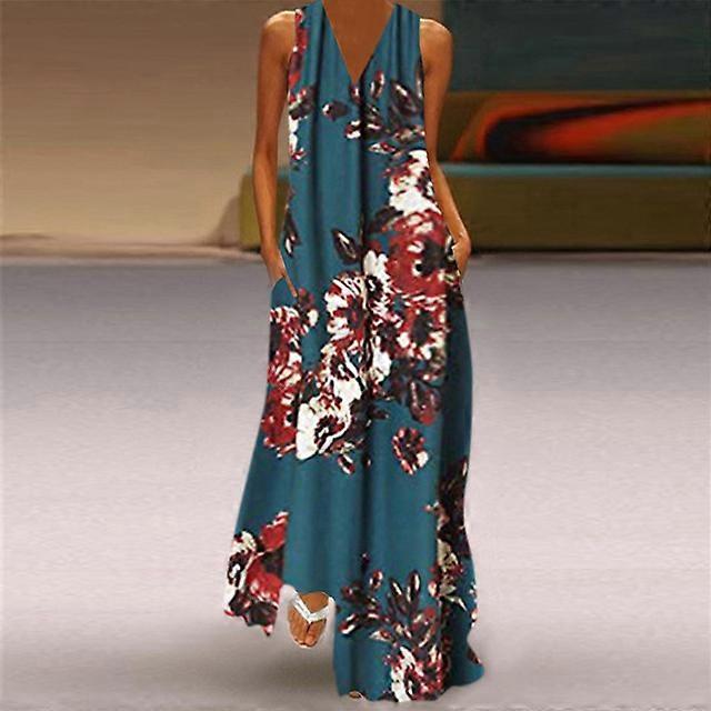 Summer Maxi Dress Ladies Casual Sleeveless Floral Print V Neck Holiday  Beach Dresses Women Party Elegant A-line Dress Vestidos-Navy-D,XL