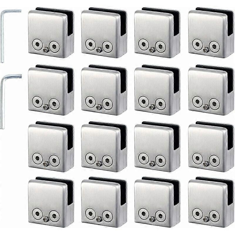 16 حزمة 304 مشابك زجاجية من الفولاذ المقاوم للصدأ - مشبك زجاجي مربع - مشبك زجاجي مسطح قابل للتعديل لدرابزين الدرج - درابزين مصقول - (8-10 مم مربع)