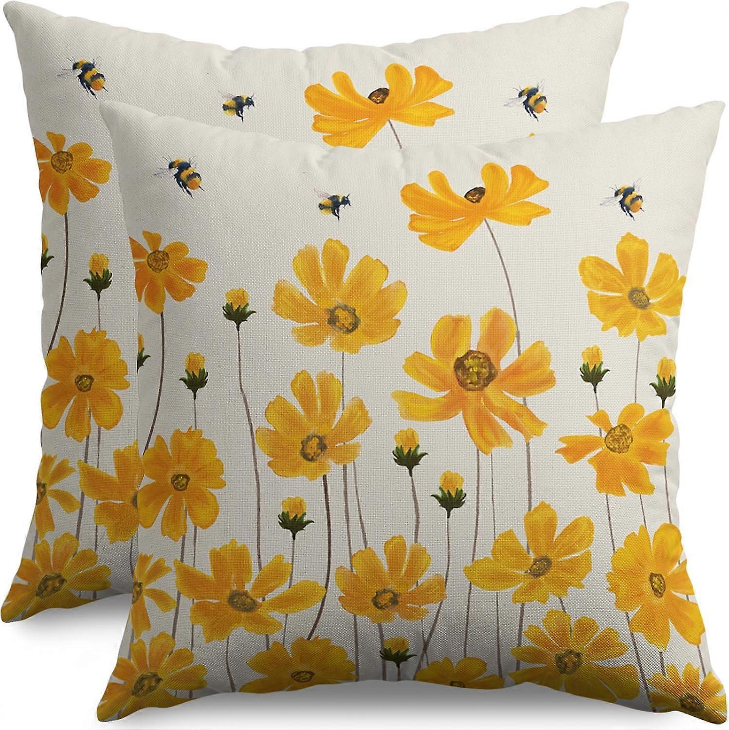 Spring Daisy Bee Pillow Covers 18x18 Set of 2 Yellow Flower Print Summer Floral Outdoor Decorative Throw Pillow Cases Seasonal Themed Farmhouse Decor