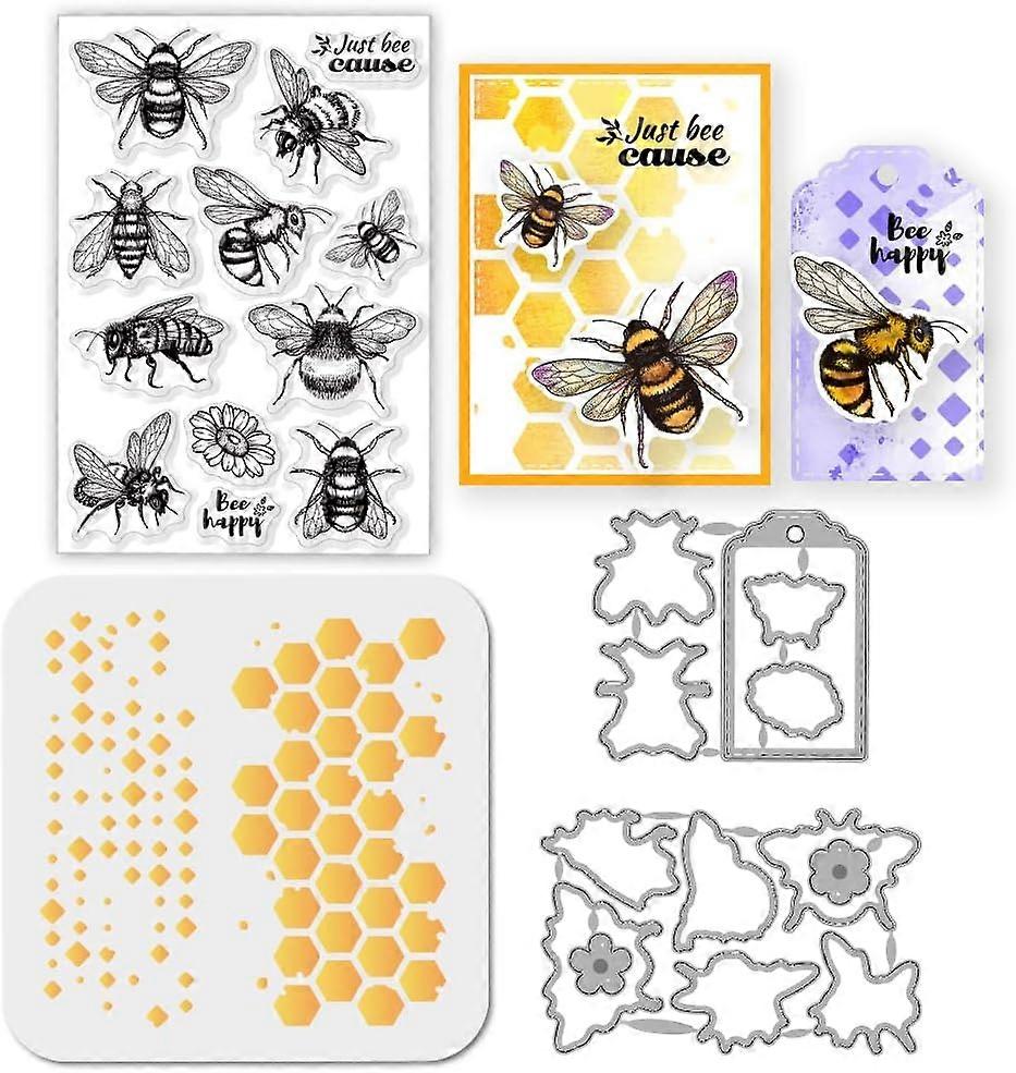Bee Insect Label Clear Stamp Flower Cutting Die Honeycomb Background PET Paint Craft Template Stencils Set for Card Making and DIY Embossing Scrapbook