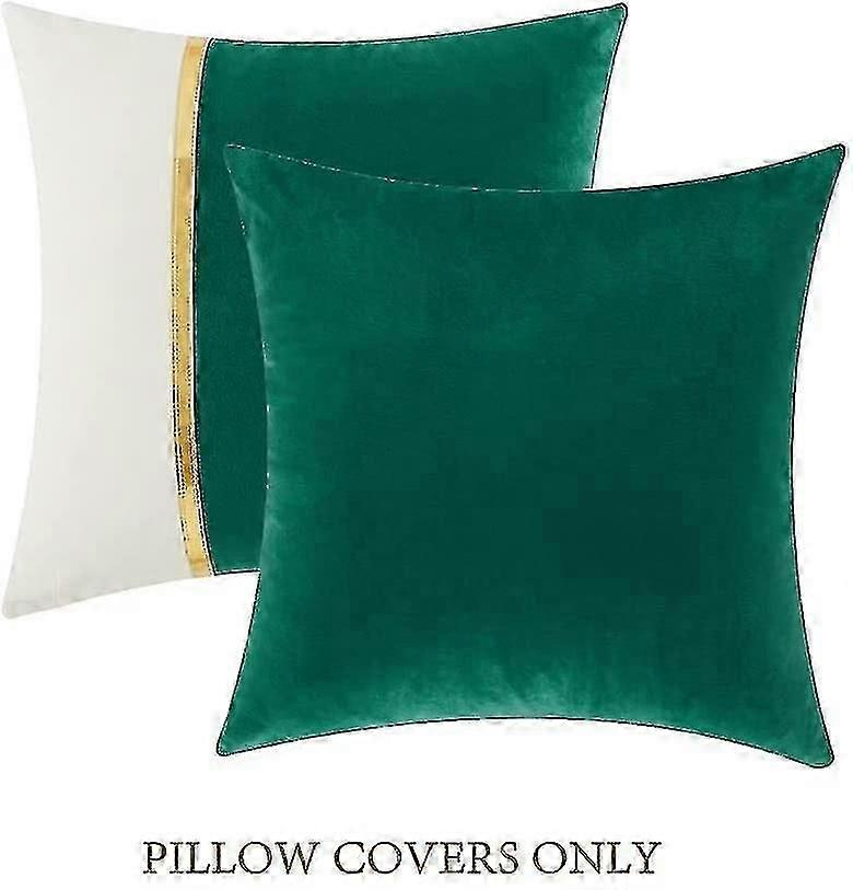 2 pacotes de almofada verde natalina coberturas 18x18 polegadas, verde e branco veludo patchwork com couro dourado, caixa de almofada quadrada de decoração 45x45 cm