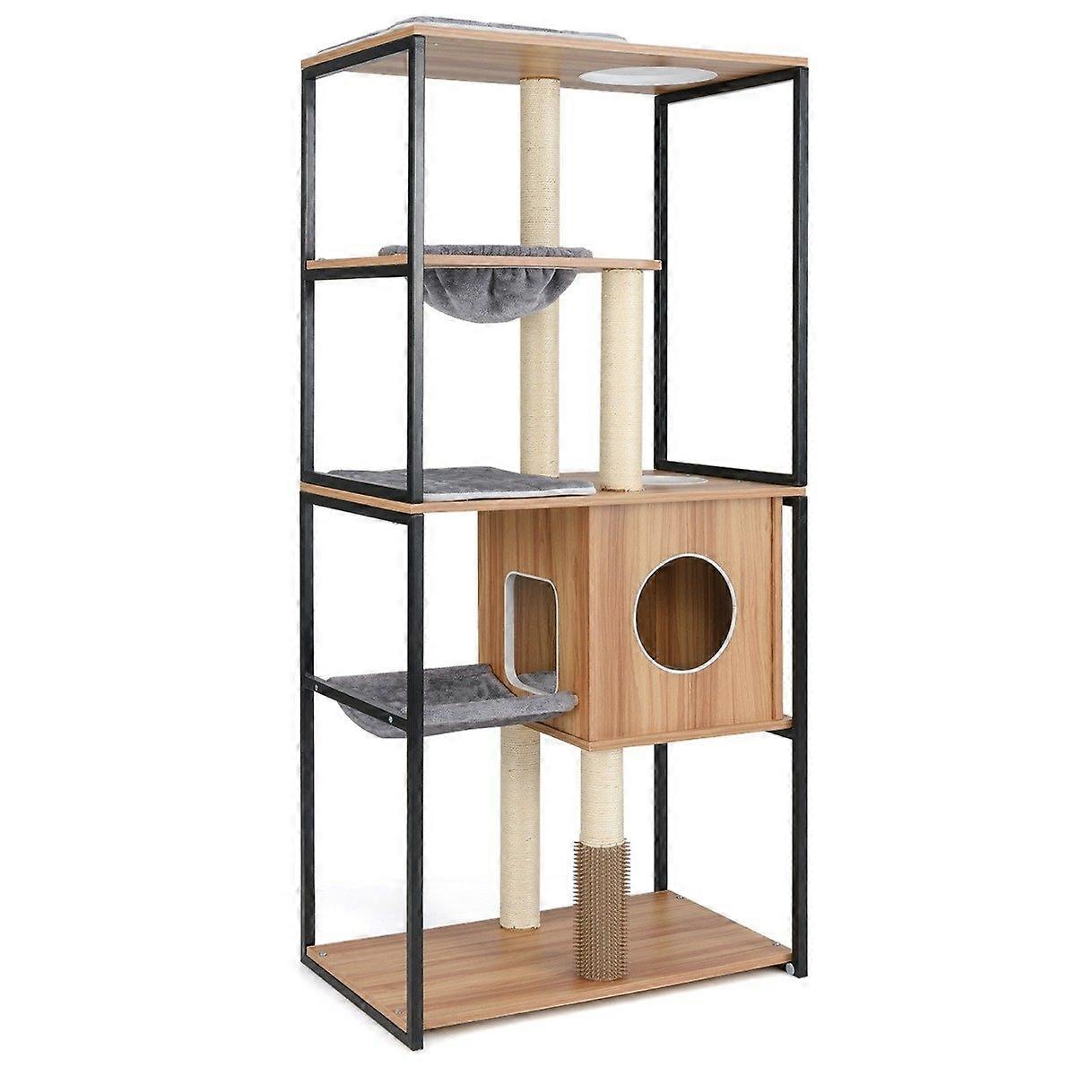 160 cm Wooden Scratching Post with Cave & Hammock & Scratching Post 5-Level Cat Scratching Post