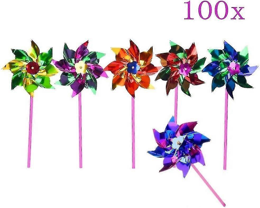 Pinwheels, Pack of 100, Colorful, Shiny Foil Pinwheels on Sticks, Ideal for Decorations and Kids' Play