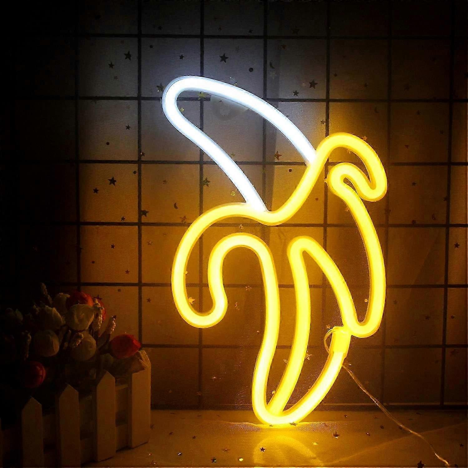 Yellow and White Banana LED Neon Sign - Fruit-Themed Night Light for Home or Bar Decor (149 chars)
