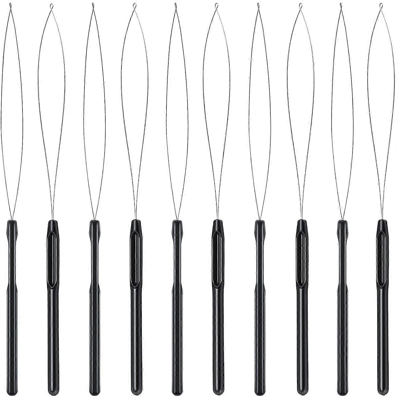 10 Pieces Hair Extension Loop Needle Threader Pulling Hook Tool and Bead Device Tool Black Loop Threader for Hair or Feather Extensions (Black)