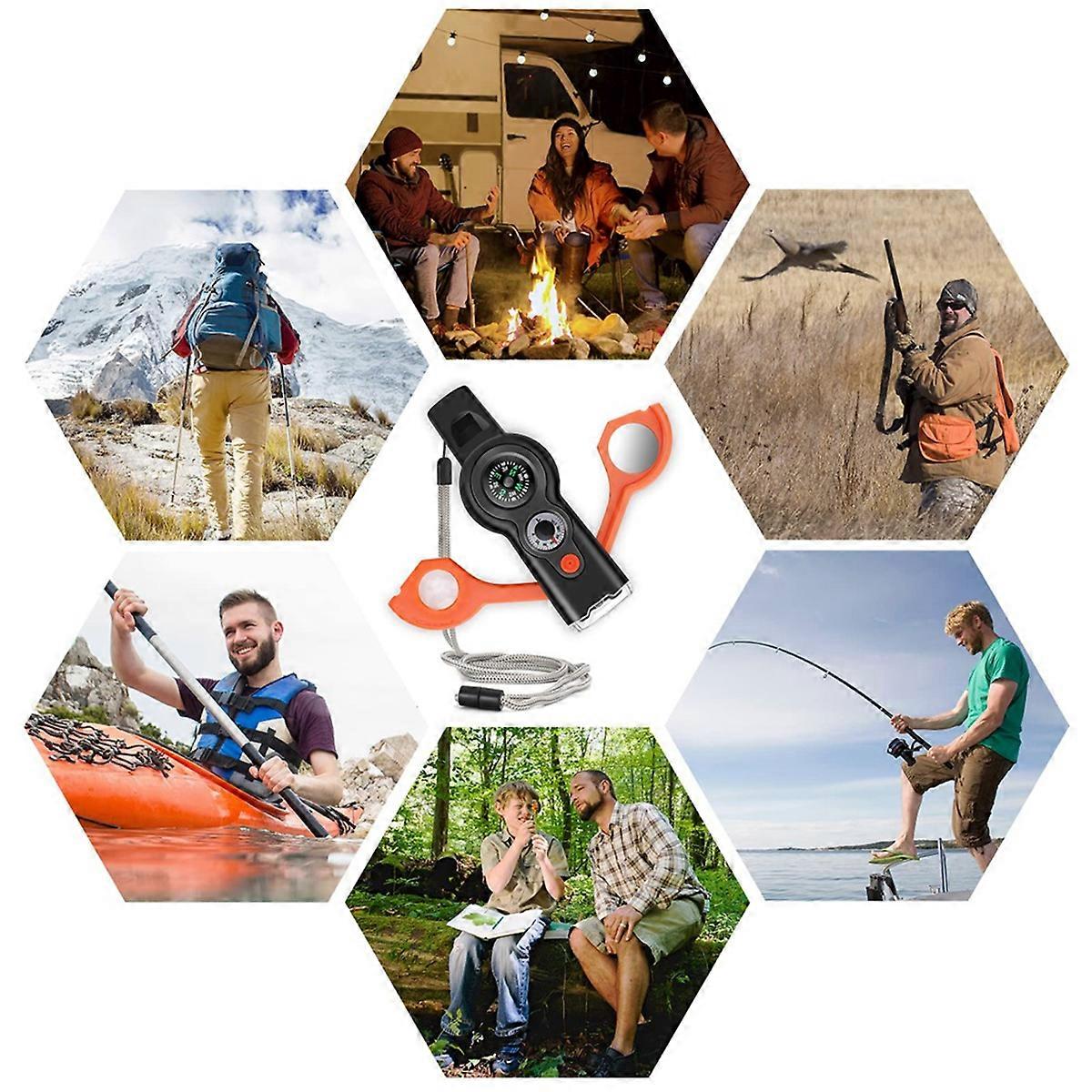 7 in 1 Outdoor Multifunctional Safety Whistle with Lanyard,Flashlight Compass Thermometer Reflector