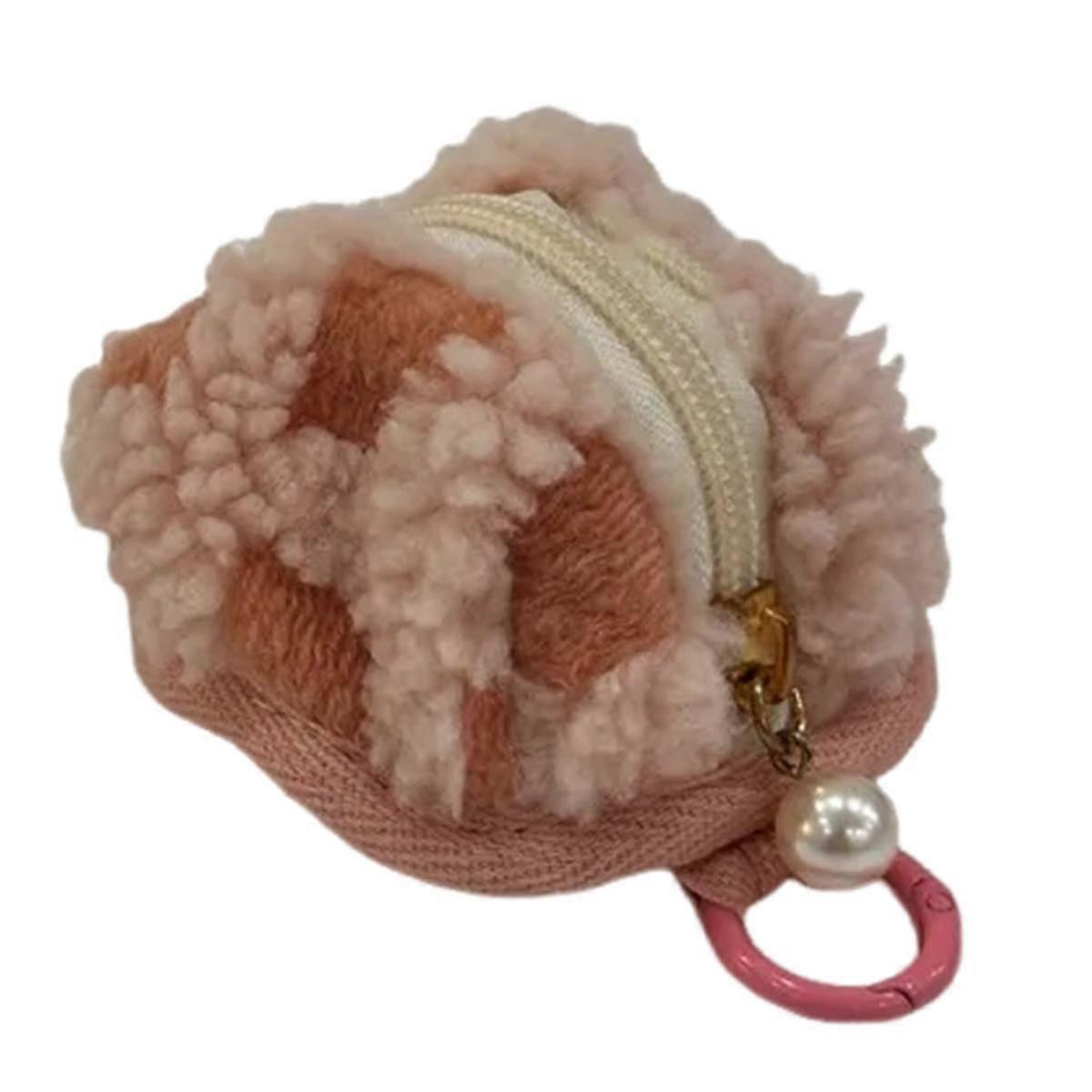 Earphone Bag Vintage Checkboard Lovely Mini Plush Wireless Headset Storage Bag Pink