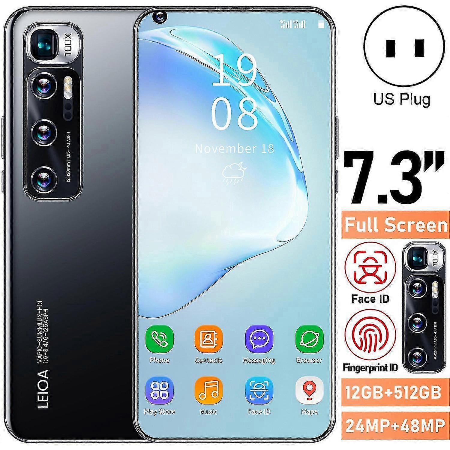 قابس أمريكي ، 12 جيجابايت + 512 جيجابايت أسود 16/64/128/512 جيجابايت M10 Ultra 7.3 بوصة شاشة منحنية عالية الوضوح 5G هاتف محمول قابل لإعادة الشحن